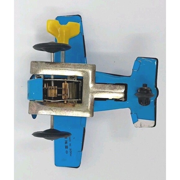 Vintage Tin Litho Training Plane MS-011 Wind-up Toy  Vintage Training Plane Wind Up Tin Litho Toy Airplane Blue